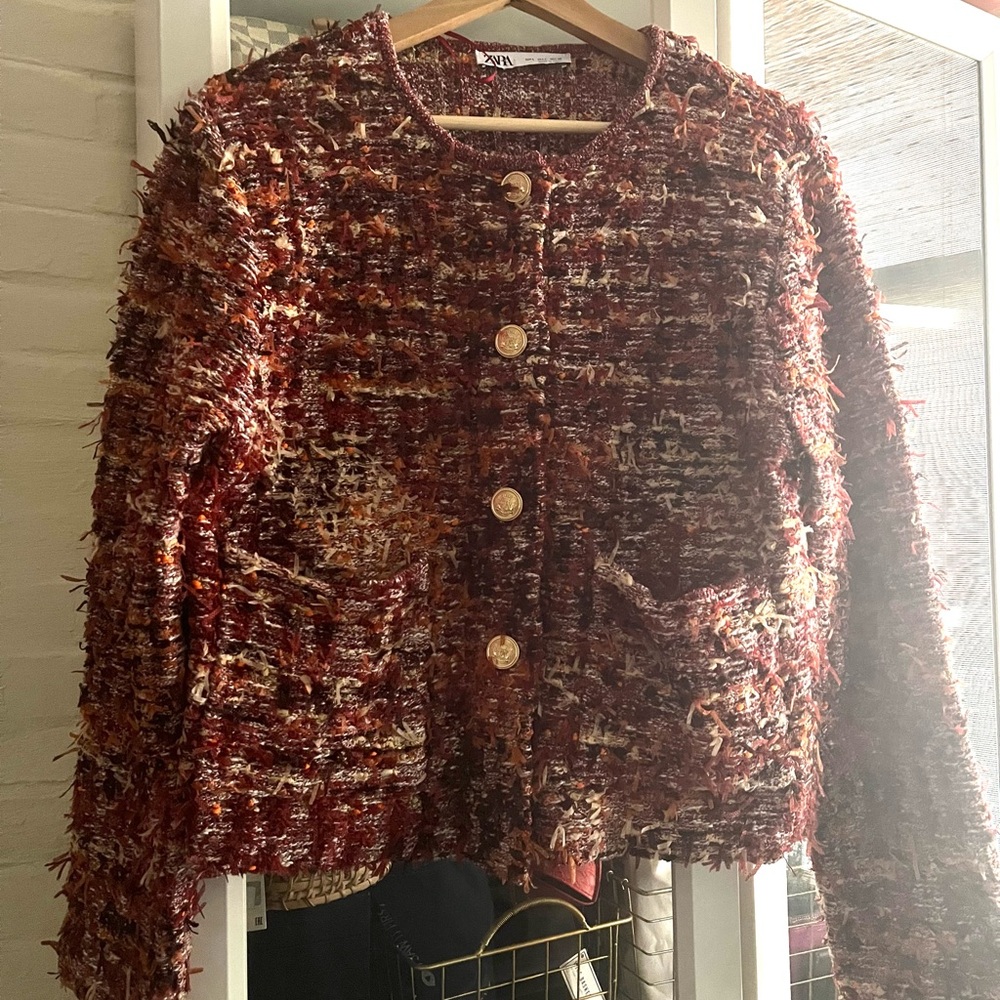 Zara Multi-Color Rust Bouclé Button Jacket